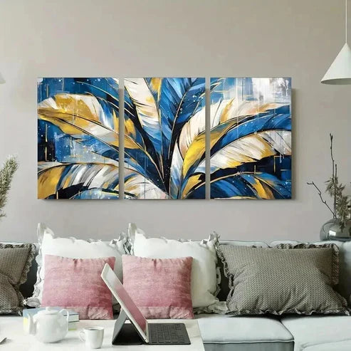 3pcs Blue and Golden Feather Geometric Wall Art Canvas Unframed - High Quality Print 100% Australian Made Wall Canvas - Bella Home Decor