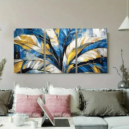 3pcs Blue and Golden Feather Geometric Wall Art Canvas Unframed - High Quality Print 100% Australian Made Wall Canvas - Bella Home Decor