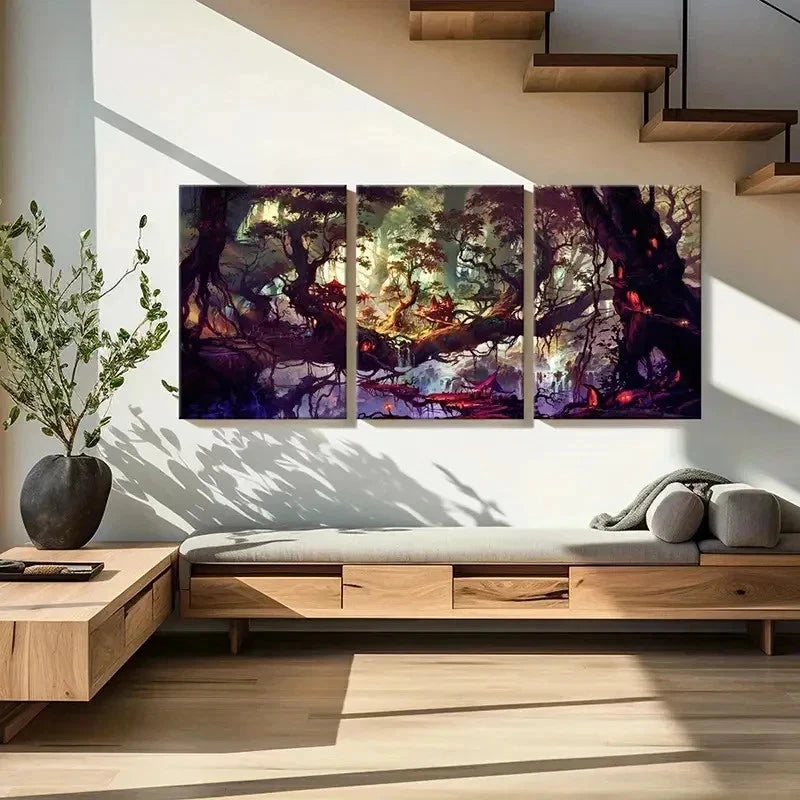 3pcs Fantasy Tree House Vintage Wall Art Set Canvas Framed 40x60cm - High Quality Print 100% Australian Made Wall Canvas Ready to Hang - Bella Home Decor