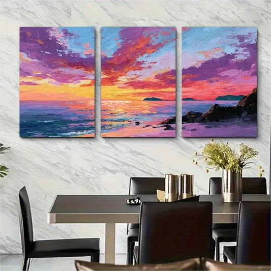 3pcs Sunset Beach Vibrant Coastal Scene Perfect Wall Art Set Canvas Framed 40x60cm - High Quality Print 100% Australian Made Wall Canvas Ready to Hang