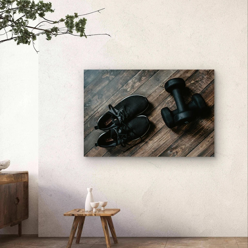 Fitness Sneakers and Dumbbells 5mm Plastic Poster Ready to Hang 90x60cm