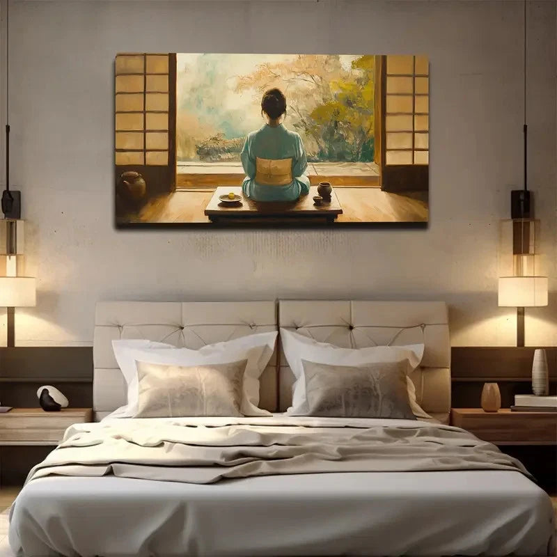 Serene Japanese Woman Wall Art Canvas Office Home Room Framed 120x60cm