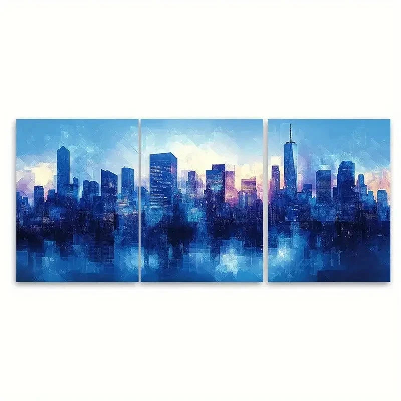 3pcs Modern Blue Geometric Cityscape RO   Wall Art Set Canvas Framed 40x60cm - High Quality Print 100% Australian Made Wall Canvas Ready to Hang - Bella Home Decor