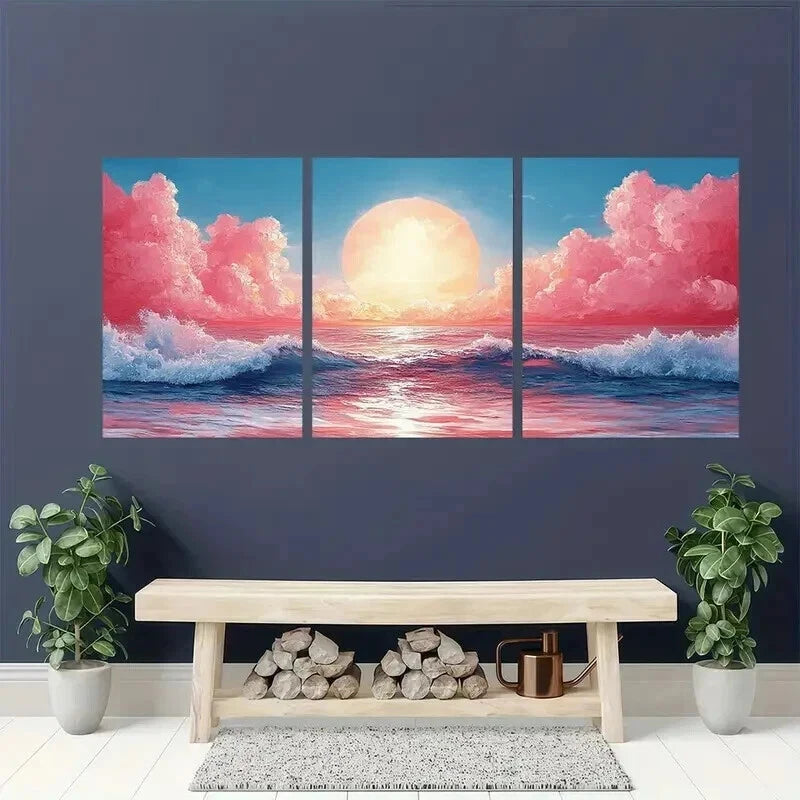 3pcs Ocean Waves Sunset & Pink Clouds Wall Art Set Canvas Framed 50x70cm - High Quality Print 100% Australian Made Wall Canvas Ready to Hang