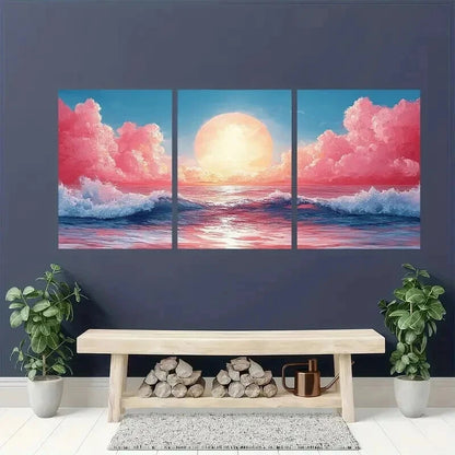 3pcs Ocean Waves Sunset & Pink Clouds Wall Art Set Canvas Framed 50x70cm - High Quality Print 100% Australian Made Wall Canvas Ready to Hang