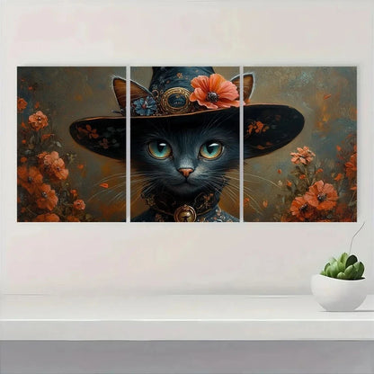 3pcs Witch Cat with Flower Cap Oil Painting Metal Print Ready to Hang Art - Bella Home Decor