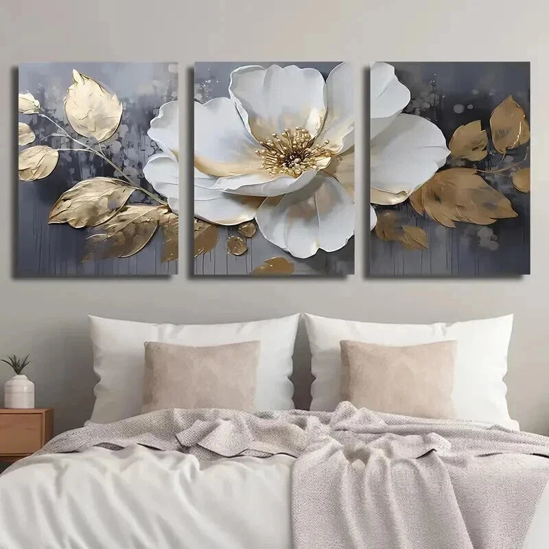 3pcs Elegant White & Golden Flowers Perfect Wall Art Set Canvas Framed 50x70cm - High Quality Print 100% Australian Made Wall Canvas Ready to Hang. - Bella Home Decor
