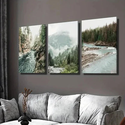 3pcs Misty Mountains & Pine Trees Landscape Wall Art Set Canvas Unframed - High Quality Print 100% Australian Made Wall Canvas
