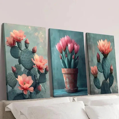 3pcs Cactus Flowers Potted Desert Plants Wall Art Canvas Unframed - High Quality Print 100% Australian Made Wall Canvas