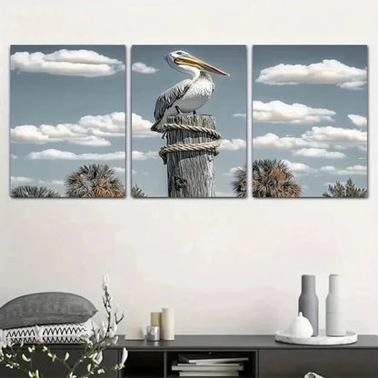 3pcs Pelican with Blue Sky & Palm Trees  Wall Art Set Canvas Unframed - High Quality Print 100% Australian Made Wall Canvas