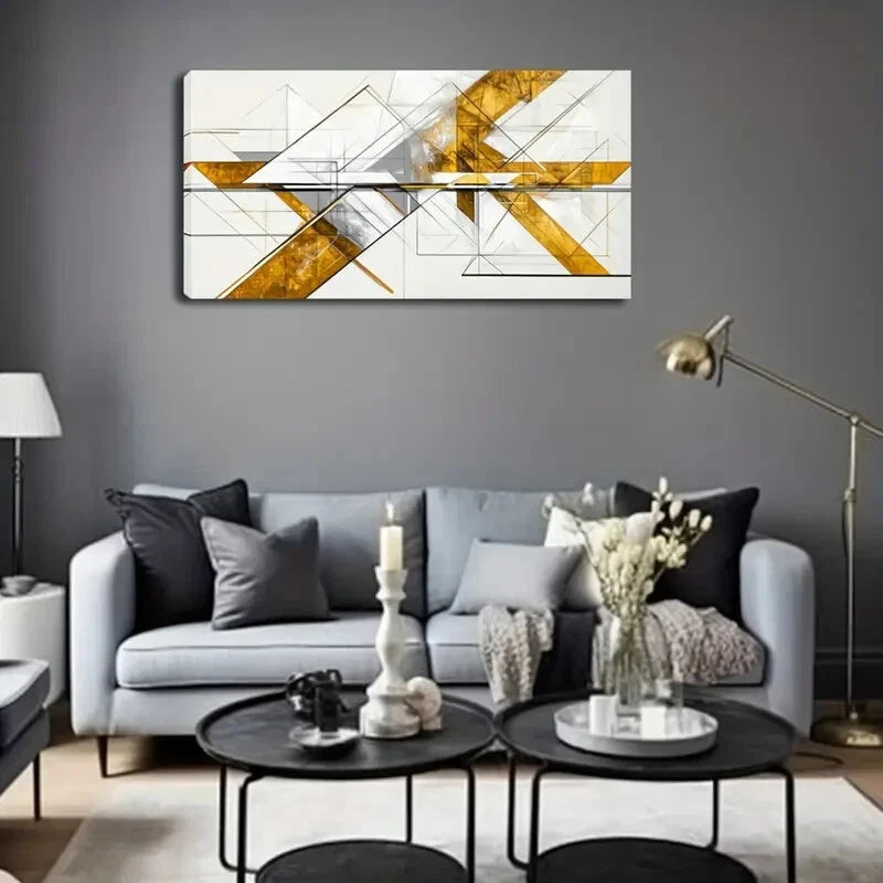 Golden & White Lines Decor Wall Art Canvas Office Home Room Framed 120x60cm - Bella Home Decor