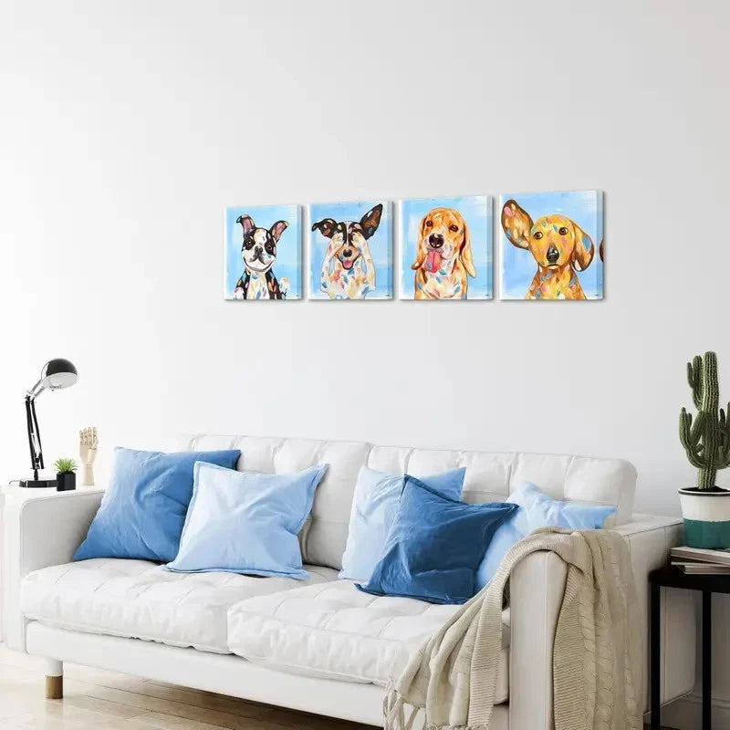 4pcs Puppy Artwork Dog Painting Funny Animal Wall Art Canvas Framed