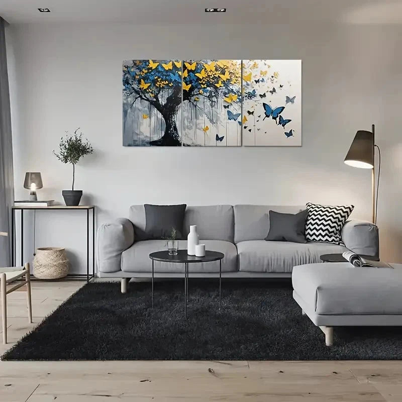 3pcs Abstract Butterfly Tree Blue & Golden Metal Print Ready to Hang Art - Bella Home Decor