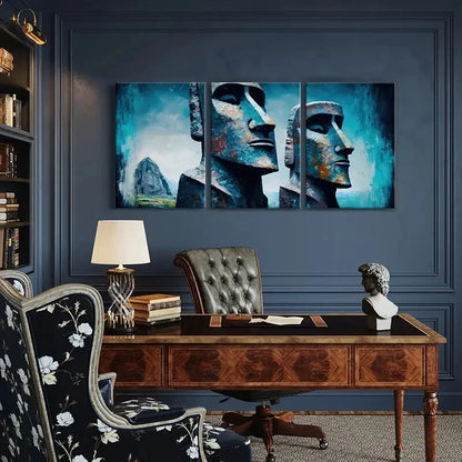 3pcs Abstract Moai Statues Art Blue Tones Textured Metal Print Ready to Hang Art - Bella Home Decor