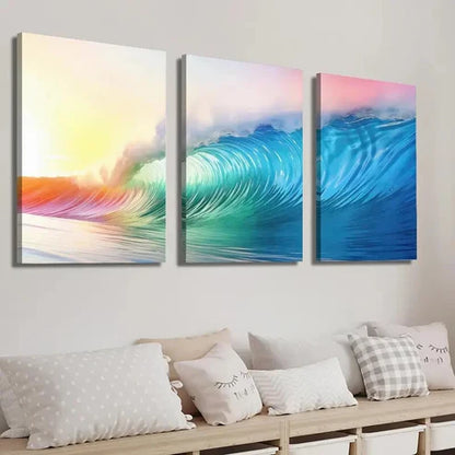 3pcs Colorful Ocean Wave Beach Scenery Painting Wall Art Set Canvas Unframed - High Quality Print 100% Australian Made Wall Canvas
