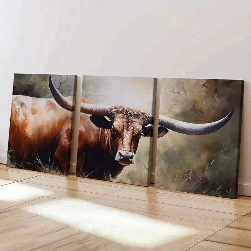 3pcs Texas Longhorn Cattle Decor Wall Art Set Canvas Framed 40x60cm - High Quality Print 100% Australian Made Wall Canvas Ready to Hang - Bella Home Decor