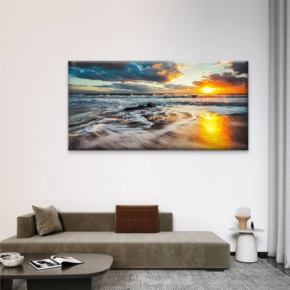 Sunset Beach Waves Crassh Wall Art Canvas Office Home Room Framed 120x60cm