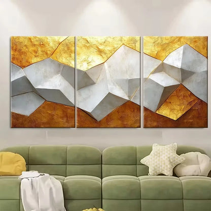 3pcs Geometric White Golden Metal Print Ready to Hang Art - Bella Home Decor