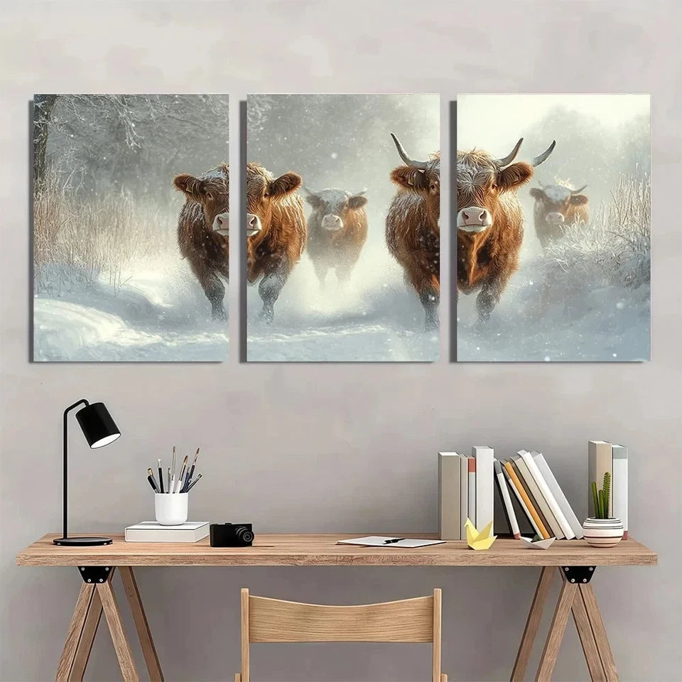 3pcs Scottish Highland Cattle Winter Scene Wall Art Set Canvas Framed 40x60cm - High Quality Print 100% Australian Made Wall Canvas Ready to Hang