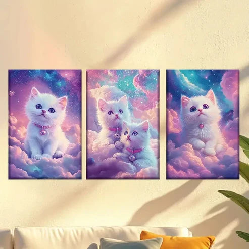 3pcs Cute cat on the cloud, Colorful Wall Art Canvas Unframed - High Quality Print 100% Australian Made Wall Canvas