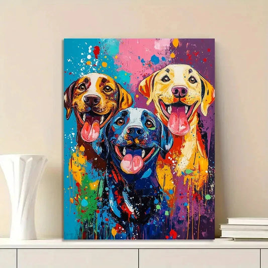 Three Happy Dogs, An Abstract Painting Vivid 40x60cm Metal Print Ready to Hang