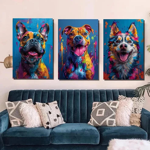 3pcs Animal Themed Modern Dog Wall Art Set Canvas Unframed - High Quality Print 100% Australian Made Wall Canvas - Bella Home Decor