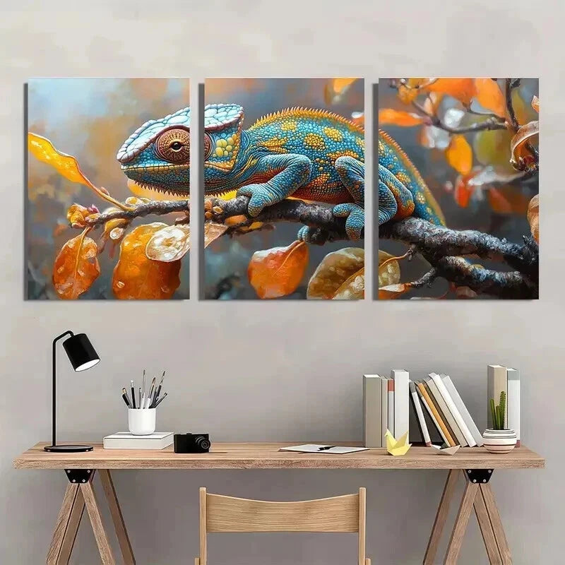 3pcs Blue & Orange Chameleon Painting Wall Art Set Canvas Framed 50x70cm - High Quality Print 100% Australian Made Wall Canvas Ready to Hang - Bella Home Decor