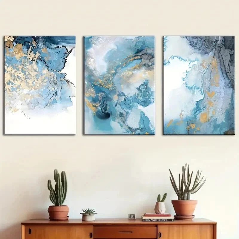 3pcs Nordic Blue & Golden Abstract Prints Wall Art Set Canvas Framed 40x60cm - High Quality Print 100% Australian Made Wall Canvas Ready to Hang - Bella Home Decor