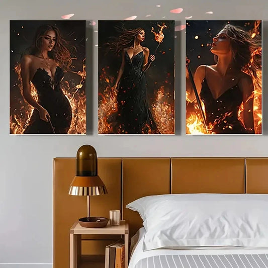 3pcs Women in Flames, Vibrant WF Wall Art Set Canvas Framed 50x70cm - High Quality Print 100% Australian Made Wall Canvas Ready to Hang