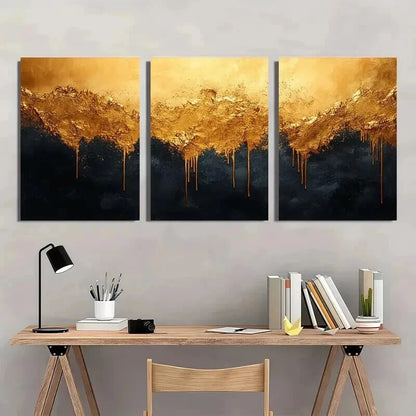 3pcs Vibrant Golden Black Design Wall Art Set Canvas Framed 40x60cm - High Quality Print 100% Australian Made Wall Canvas Ready to Hang