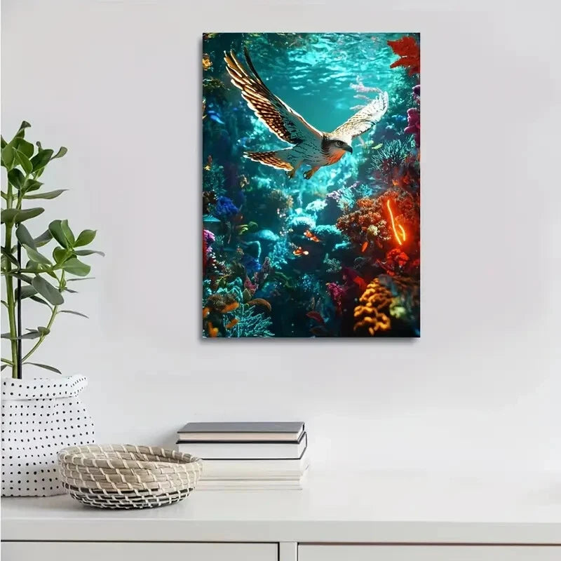 Hawk Underwater Scene with Coral Reef & Neon Painting 40x60cm Metal Print Ready to Hang - Bella Home Decor