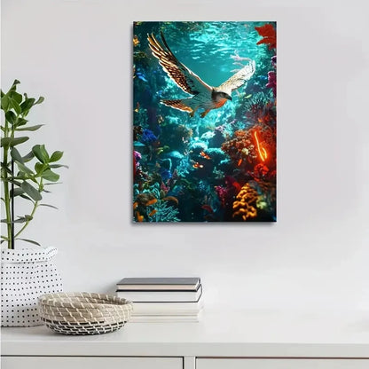 Hawk Underwater Scene with Coral Reef & Neon Painting 40x60cm Metal Print Ready to Hang - Bella Home Decor