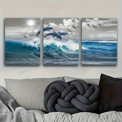 3pcs Dolphins and Seagulls Over Waves Wall Art Set Canvas Framed 60x90cm - High Quality Print 100% Australian Made Wall Canvas Ready to Hang - Bella Home Decor