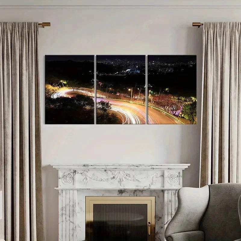 3pcs City Night View Roads Light Trails Wall Art Set Canvas Framed 50x70cm - High Quality Print 100% Australian Made Wall Canvas Ready to Hang - Bella Home Decor
