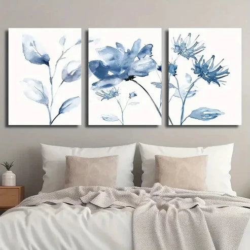 3pcs Botanical Decor with White and Blue Flowers  Wall Art Set Canvas Unframed - High Quality Print 100% Australian Made Wall Canvas - Bella Home Decor
