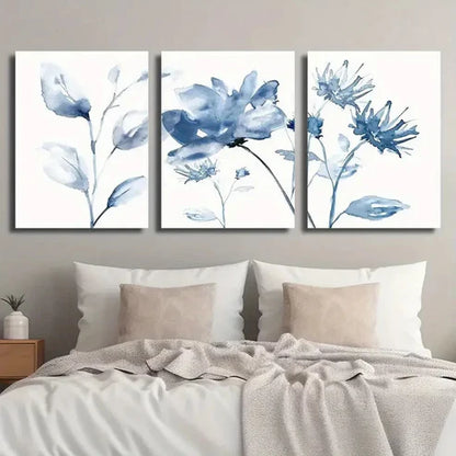 3pcs Botanical Decor with White and Blue Flowers  Wall Art Set Canvas Unframed - High Quality Print 100% Australian Made Wall Canvas - Bella Home Decor
