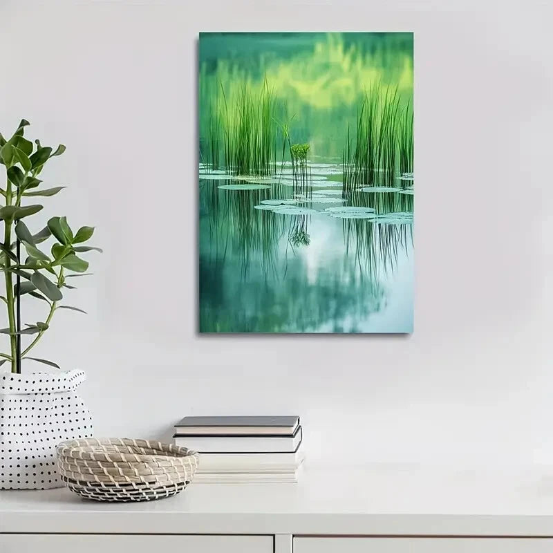 Emerald Green Water Meadow with Lush Grass 40x60cm Metal Print Ready to Hang - Bella Home Decor