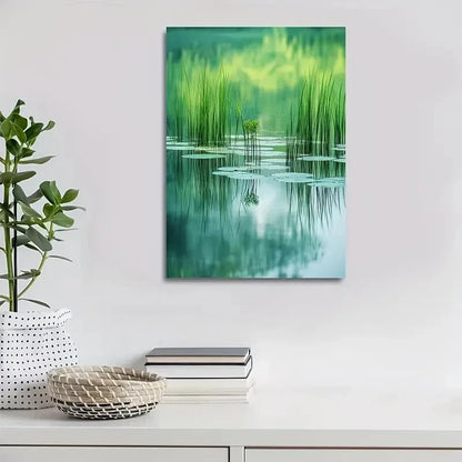 Emerald Green Water Meadow with Lush Grass 40x60cm Metal Print Ready to Hang - Bella Home Decor