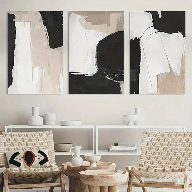 3pcs Painting Black and White Neutral Abstract Metal Print Ready to Hang Art - Bella Home Decor