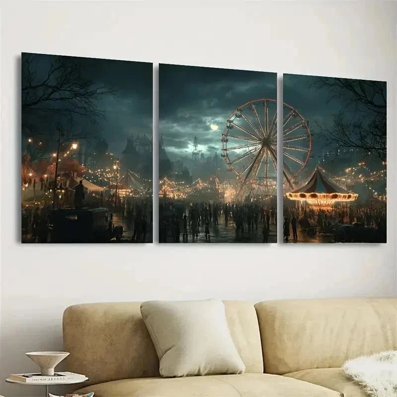3pcs Spooky Haunted Carnival Wall Art Set Canvas Framed 50x70cm - High Quality Print 100% Australian Made Wall Canvas Ready to Hang