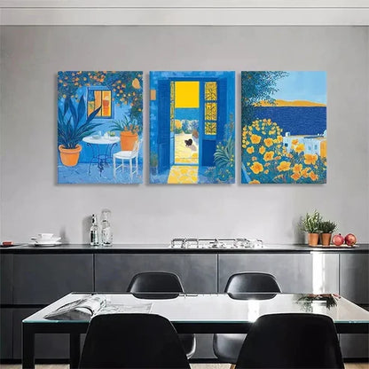 3pcs Mediterranean Blue Yellow Garden Perfect Wall Art Canvas Unframed - High Quality Print 100% Australian Made Wall Canvas
