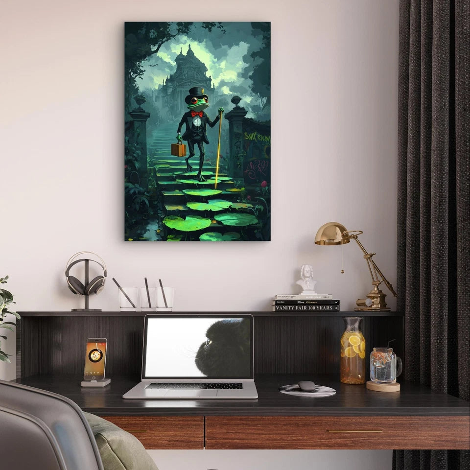 Whimsical Gentleman Frog With Cane Cartoon 40x60cm Metal Print Ready to Hang