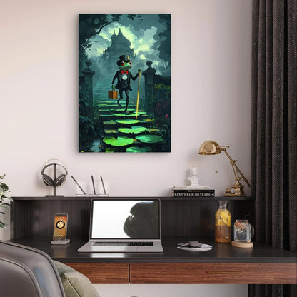 Whimsical Gentleman Frog With Cane Cartoon 40x60cm Metal Print Ready to Hang