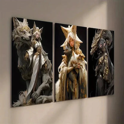 3pcs Anime Fantasy Golden Female Characters Wall Art Set Canvas Unframed - High Quality Print 100% Australian Made Wall Canvas - Bella Home Decor