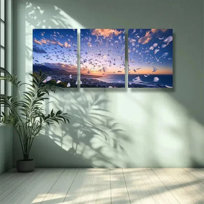 3pcs Sunset in Cape Town & White Feathers Wall Art Canvas Unframed - High Quality Print 100% Australian Made Wall Canvas