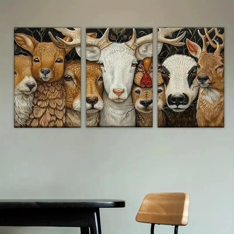 3pcs Fun Animal Party Wall Art Set Canvas Framed 40x60cm - High Quality Print 100% Australian Made Wall Canvas Ready to Hang - Bella Home Decor