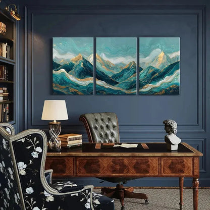 3pcs Abstract Mountain Landscape Golden Peaks Metal Print Ready to Hang Art - Bella Home Decor