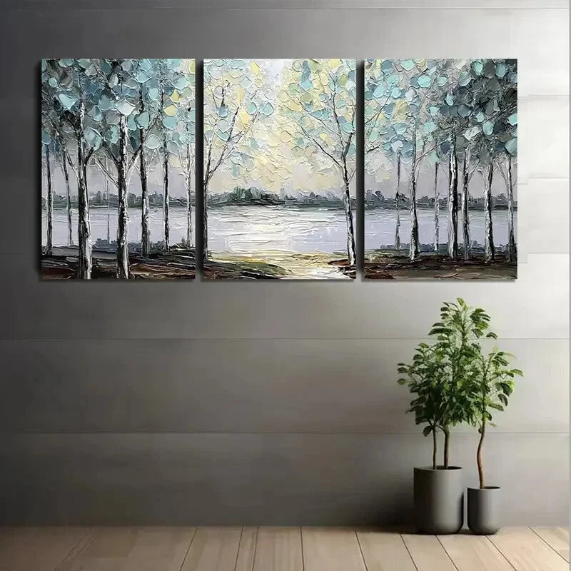 3pcs Abstract Trees with Light Blue Leaves Metal Print Ready to Hang Art - Bella Home Decor