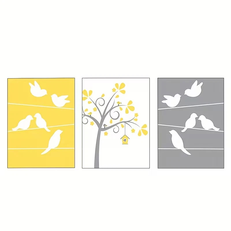 3pcs Bird and Tree Modern Yellow Grey Nursery  Wall Art Set Canvas Framed 60x90cm - High Quality Print 100% Australian Made Wall Canvas Ready to Hang - Bella Home Decor