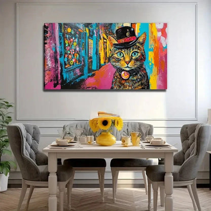 Whimsical Cat In Top Hat Wall Art Canvas Office Home Room Framed 120x60cm